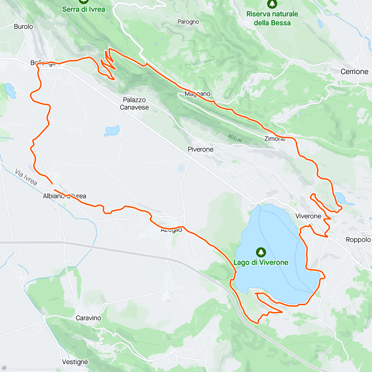 Map of the activity, Gravel- Broglina- Bose-Bertignano-Bing bench Piverone - lago Viverone - punta Cugnoni- Azeglio- Albiano Percorso Meraviglie