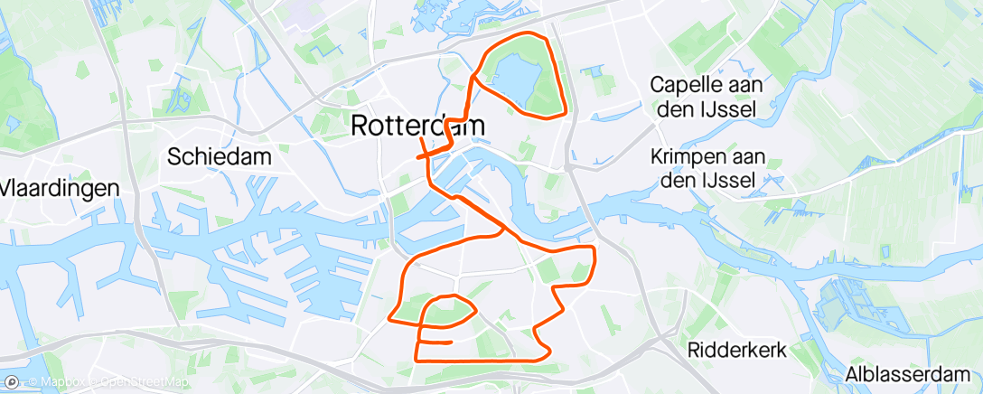 Map of the activity, Ochtendloop. Marathon Rotterdam.  Nr 84 en de 15e in 010. Vrijdagavond ziek geworden. Vanochtend knoop doorgehakt om toch te starten. Na 15 km waren de benen leeg.