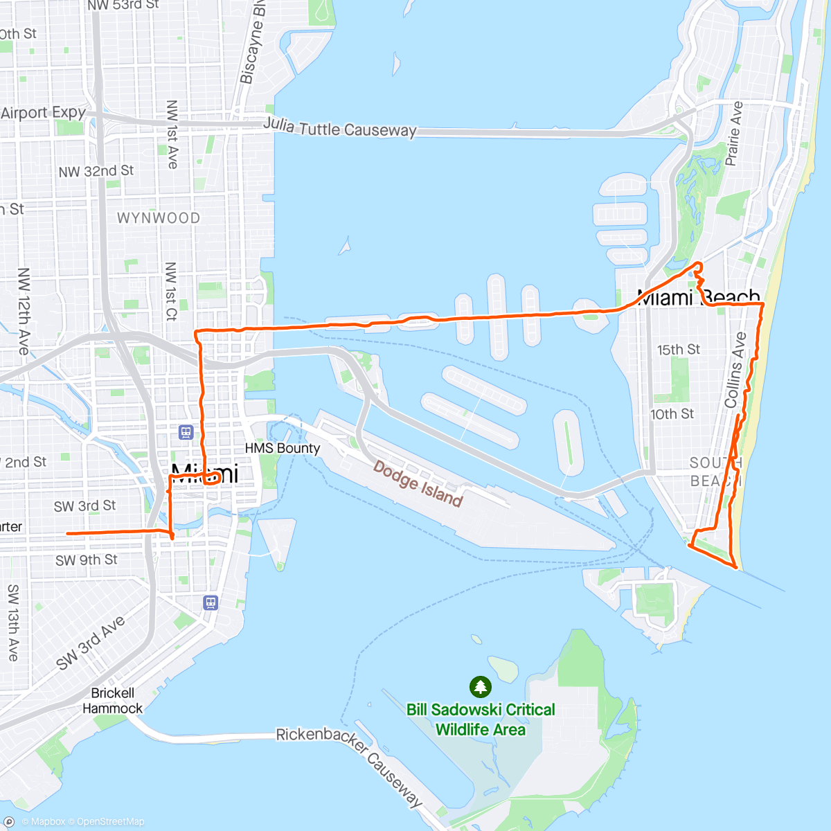 Map of the activity, Biking Around Miami Beach
