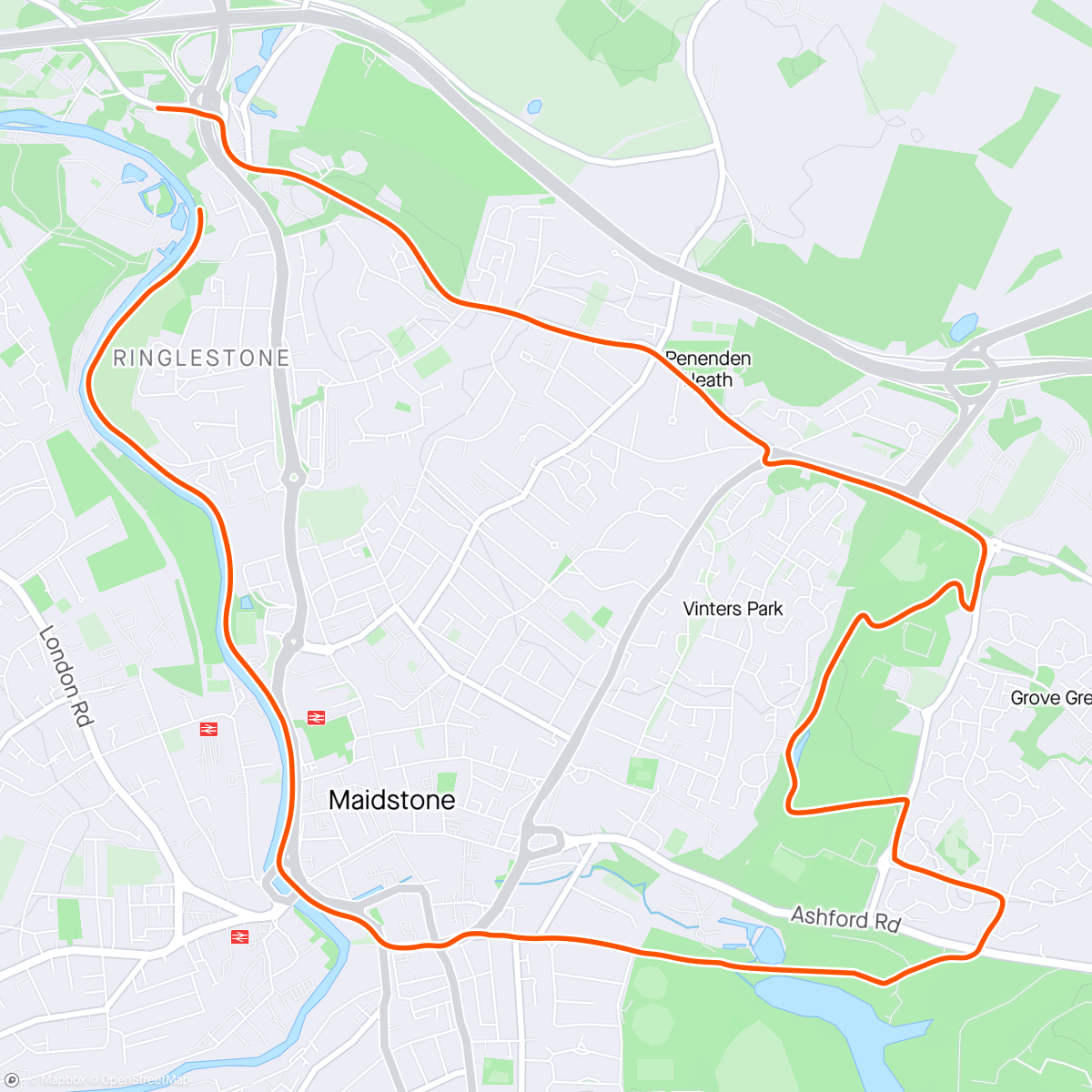 Map of the activity, Morning Run today with Colin, Chuck, Sue and. Julie -joining all important running landmarks- started from Maidstone River parkrun to Mote park parkrun- Vinters park- M&S  car park area (BBB)- Peneden Heath ( Toll house) and back to Allington for snacks a
