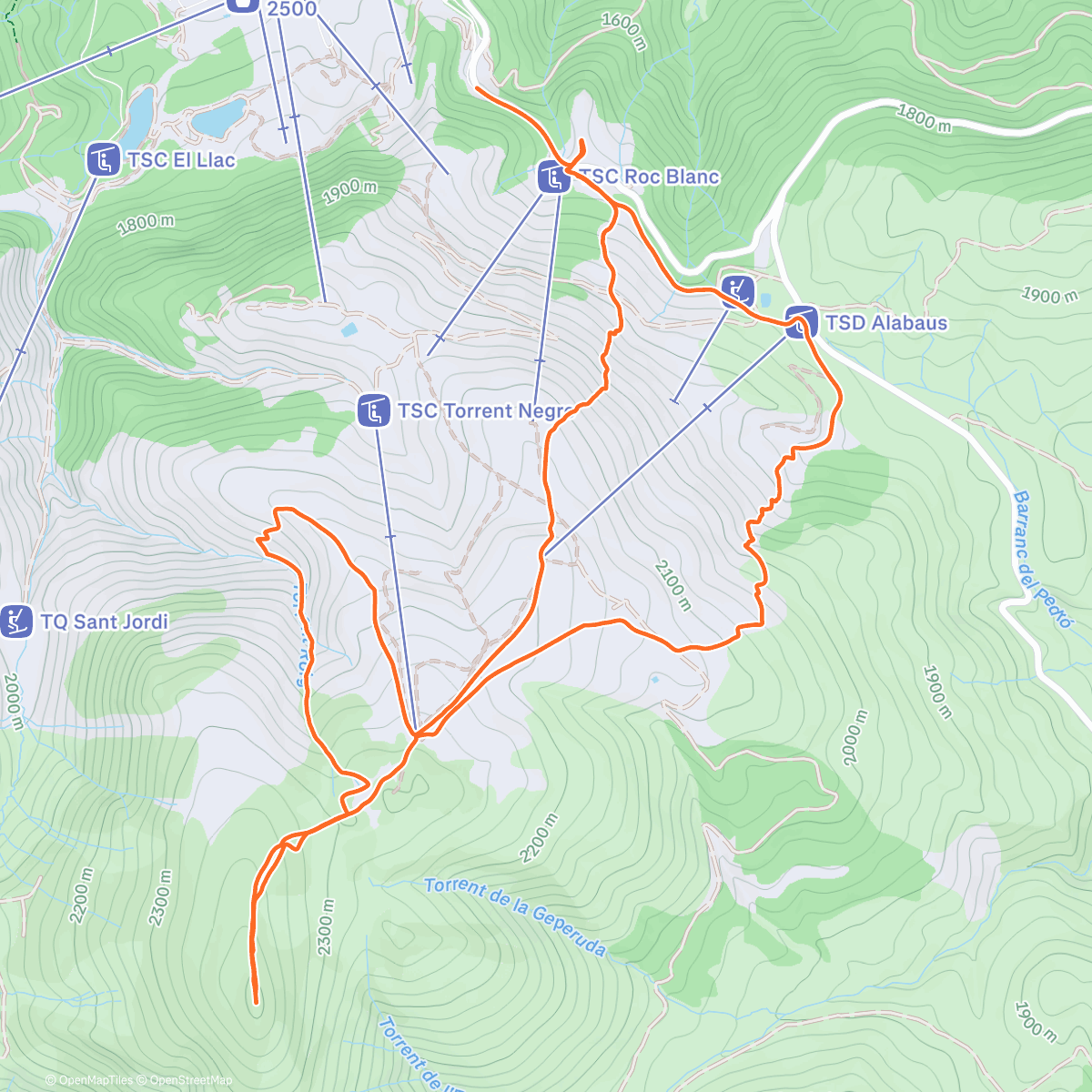 Map of the activity, Roc Blanc, Clot Hodpital. Puigllançada, Torrent Roig i Torrent Negre, Coms