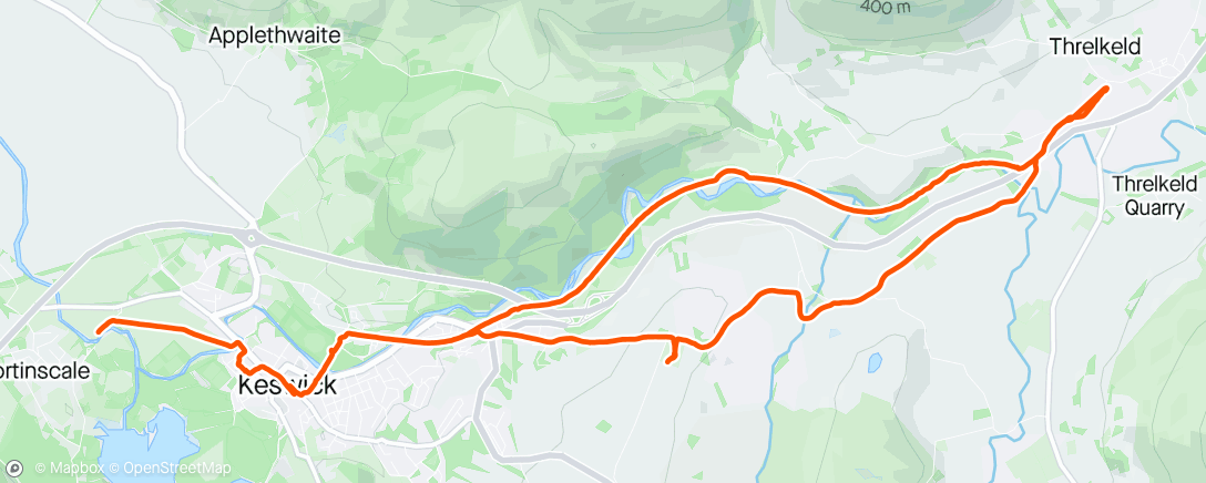 Mapa de la actividad (Today walk Portinscale to Threlkeld then Stone Circles back to Portinscale. Watch packed in at Keswick on outward walk had to set phone off.)