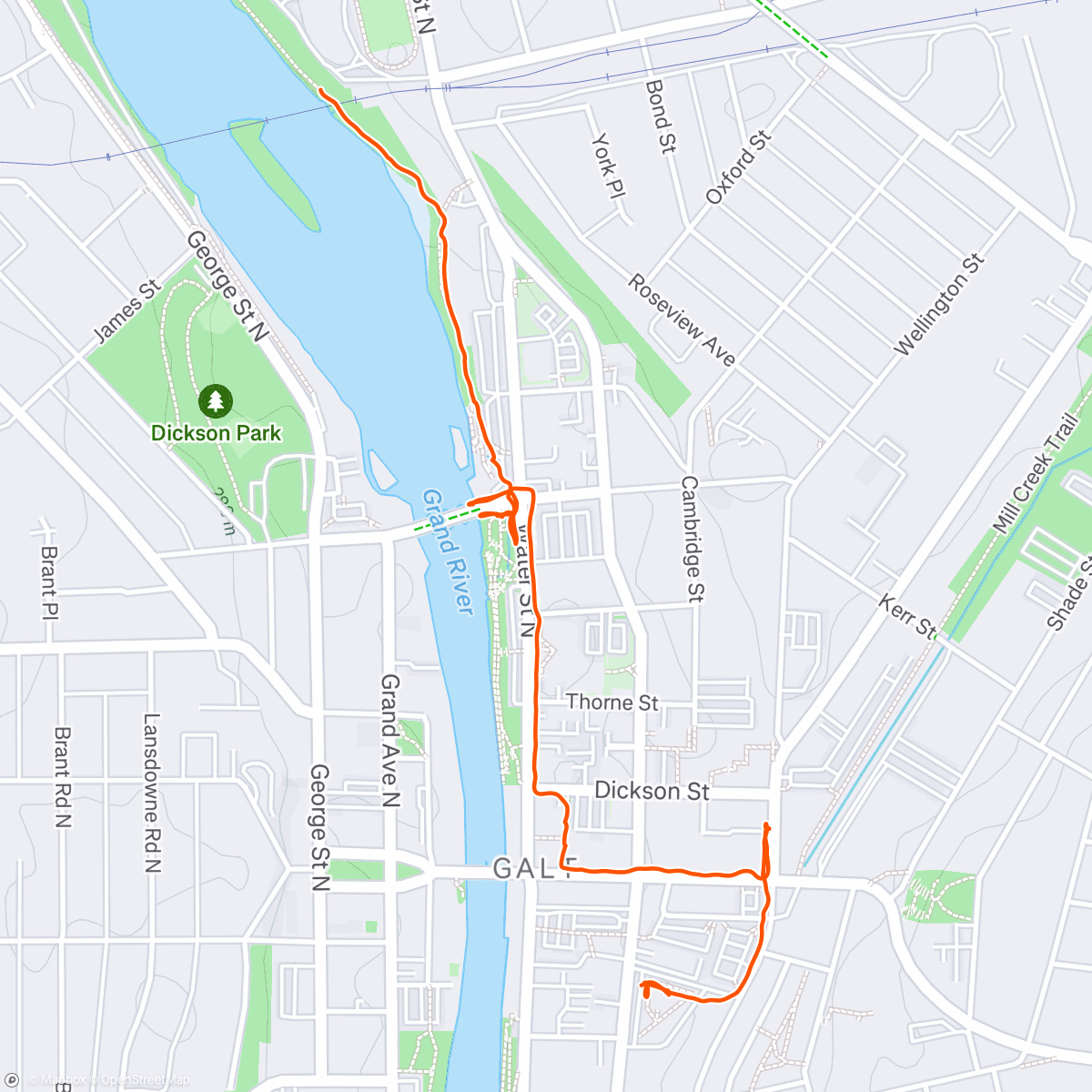 Map of the activity, GCI Riverside Trail - North to Central Galt