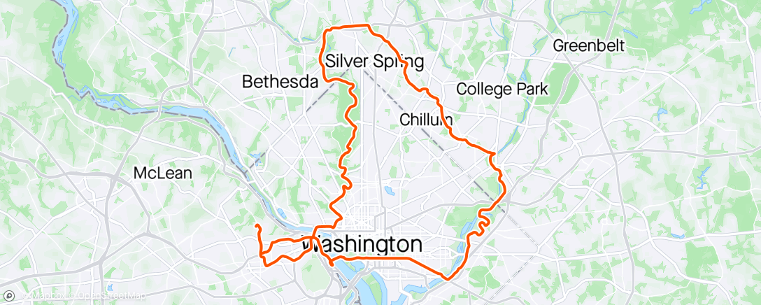 Map of the activity, 4/20/24 - Seeking Solace in the Spring: Up Rock Creek Pk - Andrea's Bench at Woodend - Sligo - Blads Water Park - ART - Capitol Hill - Mem Br - back side of Rosslyn