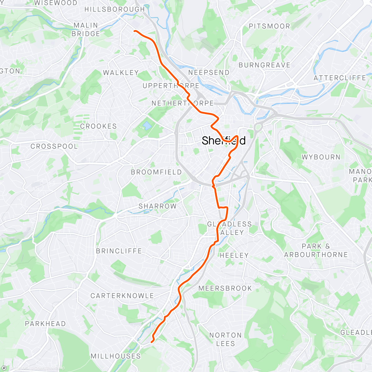 Map of the activity, Ride back from Millhouses Parkrun with cafe stop in the middle.