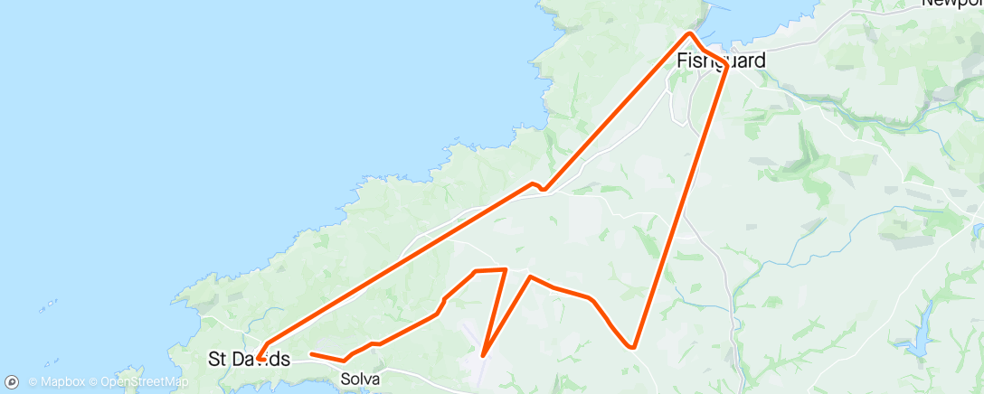 Map of the activity, Tour of Pembs. Strava playing up. Actual distance 64.2 miles,  5 hours 5 mins, 5300 feet
