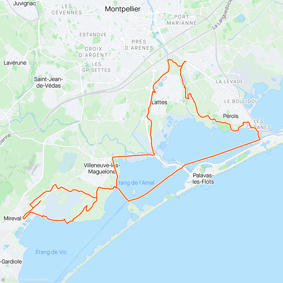 Karte der Aktivität „Joli parcours à vélo vers les salines de Maguelonne et déjeuner avec maman et mon père”