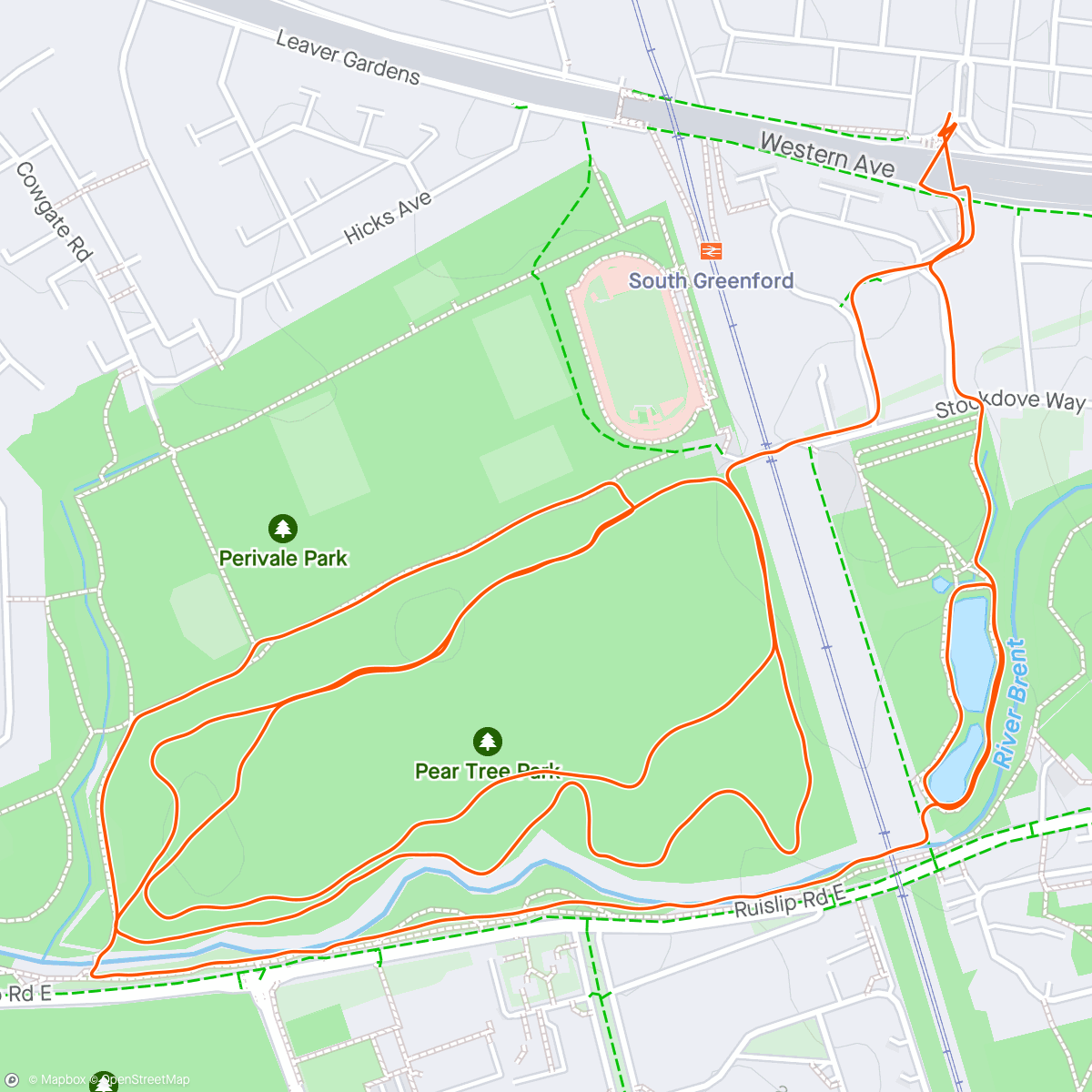 Map of the activity, Morning Run round the derelict old golf course. No, wait, it's been rebranded Pear Tree Park