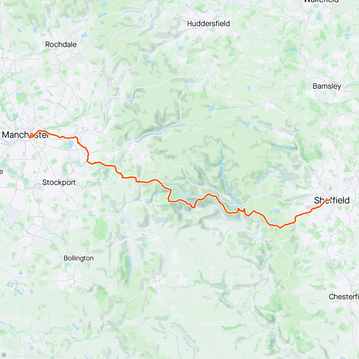 Map of the activity, Proud of that one. Manchester to Sheffield. 77km across the Peak District. Still time to make a donation to Survivors Network ❤️