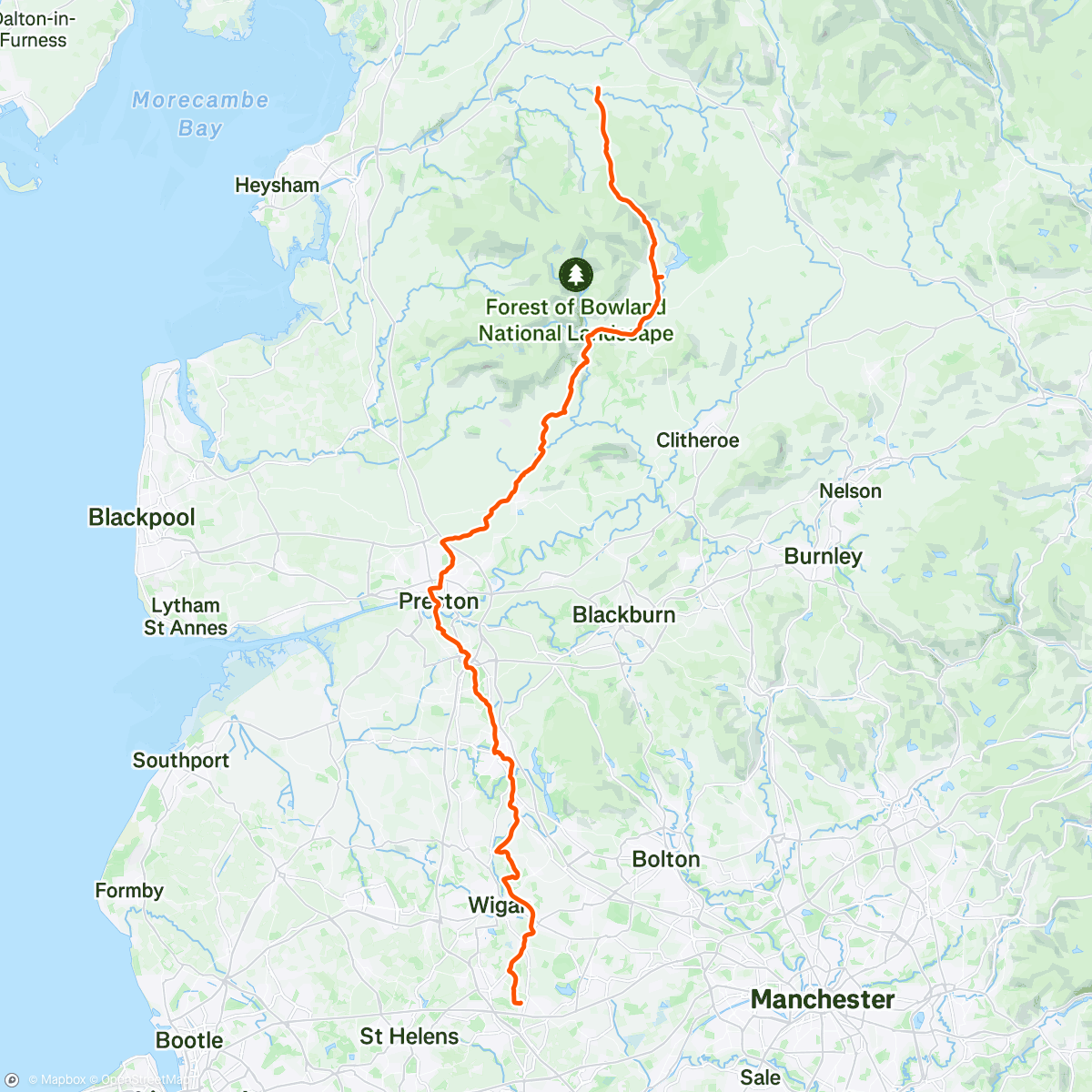 Map of the activity, LJ 9: Warrington -> Bentham