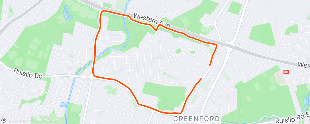 Map of the activity, Greenford 5k Loop With Lisa S. (Run 1.40 / walk 0.45 to allow for talking)