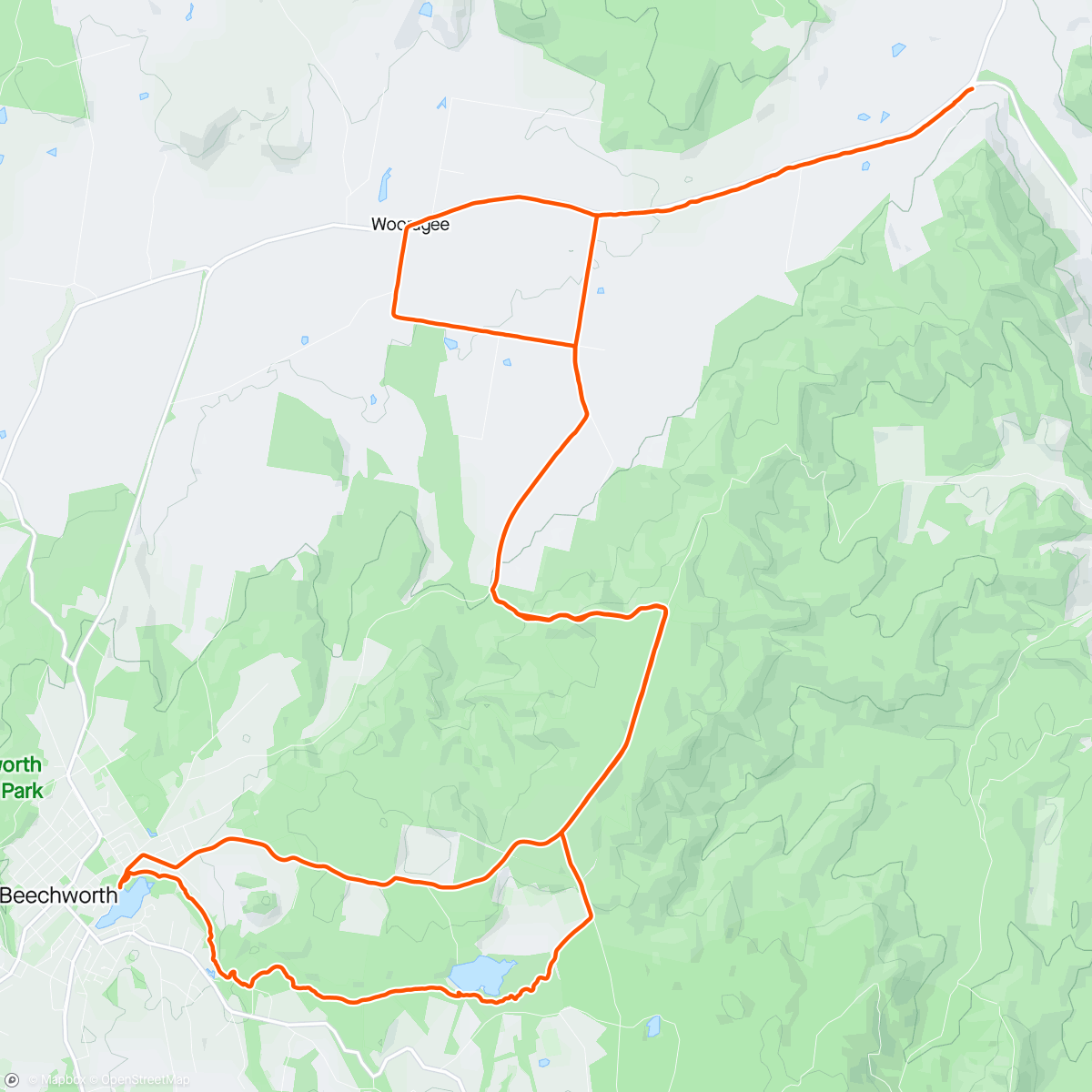 Kaart van de activiteit “Yackandandah Ridge and trails. 
Thx for part of the route AB, enjoyed the workout.  Cpl short steep hike a bike parts, but good riding once up top.”