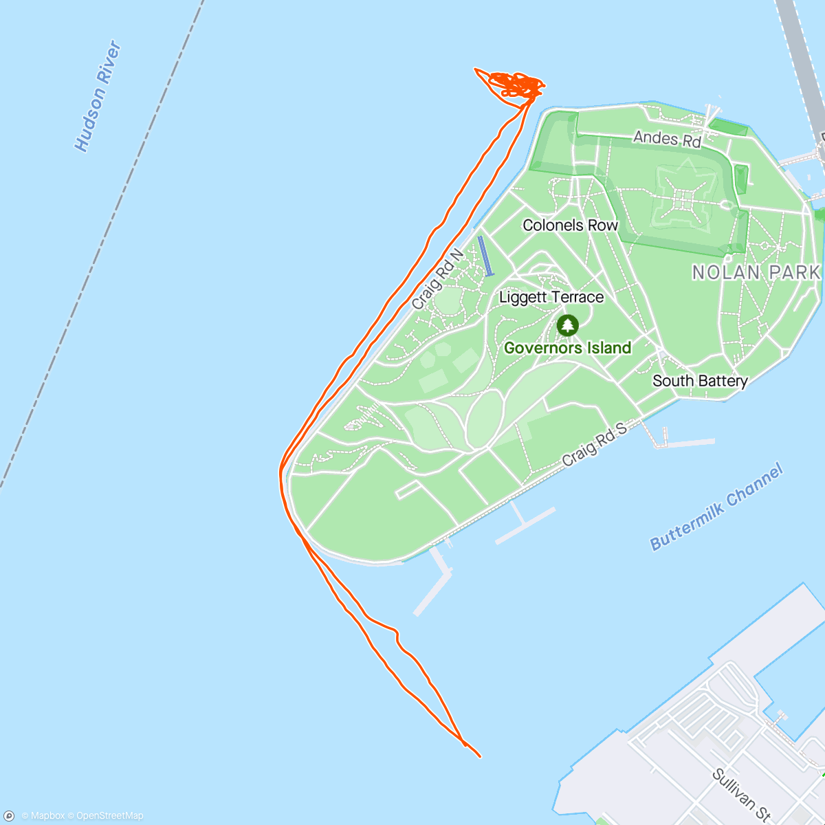 Map of the activity, Kayak surfing at governors Island