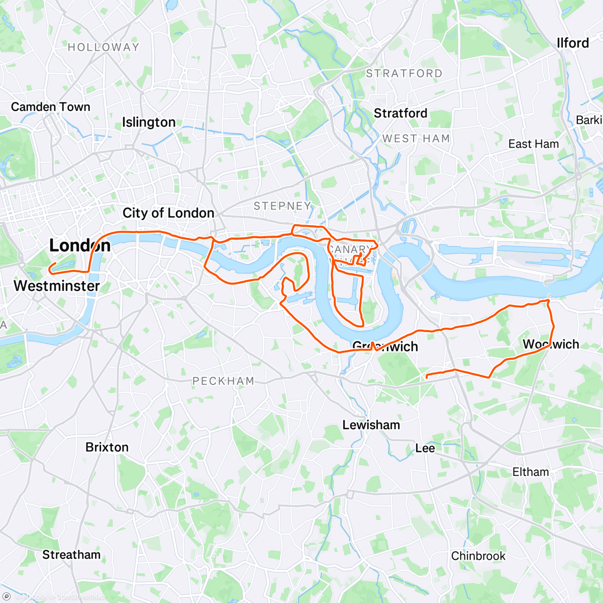 Map of the activity, LONDON MARATHON 💪 in 3h:14’:09” ❤️ Not what I planned for 😅 but always HAPPY and PROUD to have MADE IT 👍 I started confident from the good preparation I had, but at the 30 km I HIT THE WALL 😂 Today in London was really really HOT and this definitely made 