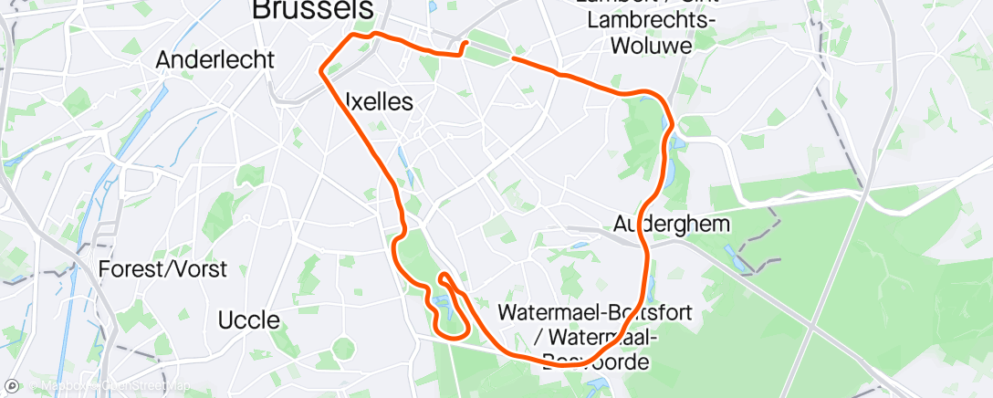Map of the activity, Bruxelles 20 km - Temps réel 4h (2h sur le bitume + 2h au poste de secours😭)