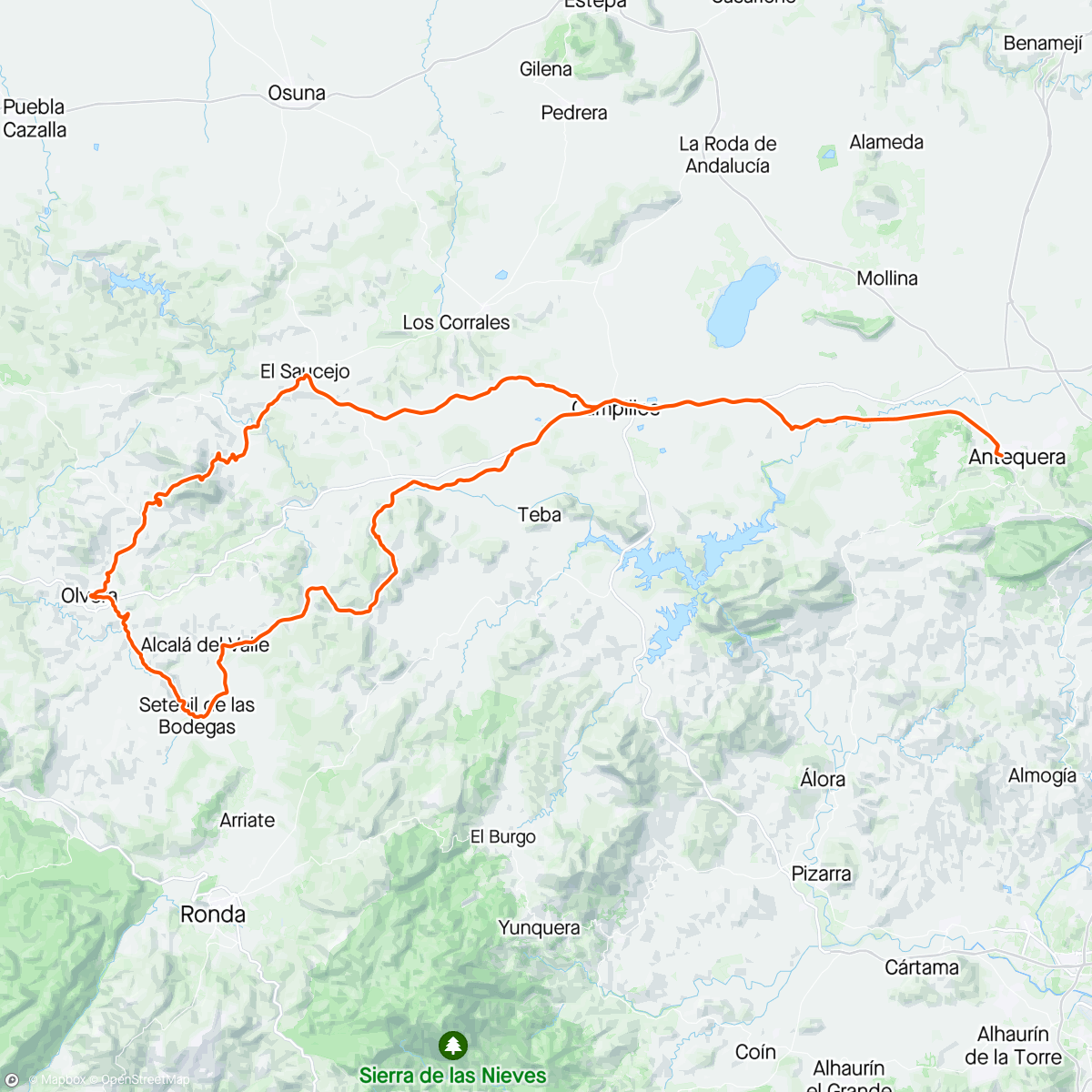 Kaart van de activiteit “Campillos - Saucejo - Algámitas - Pruna - Olvera - Setenil - Alcalá del Valle - Cañete - Almárgen - Campillos - Antequera”