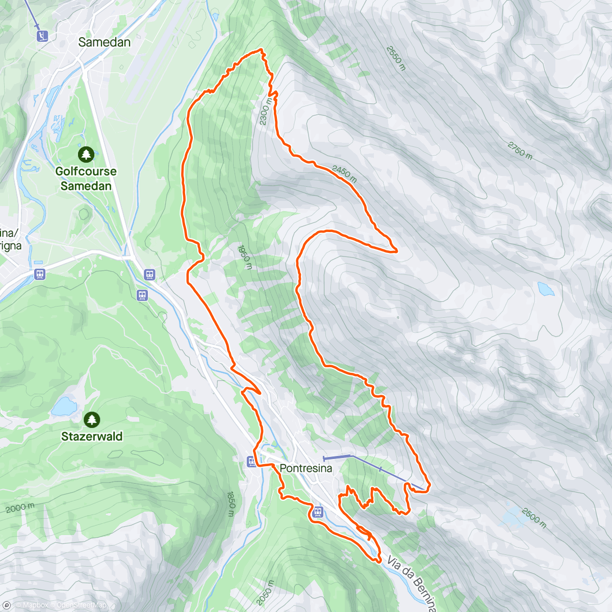 活动地图，Pontresina - Röntgenweg - Alp Languard - Panoramaweg - Unterer Schafberg - Muottas Muragl - Plaun God - Punt Muragl - Laret - Pontresina