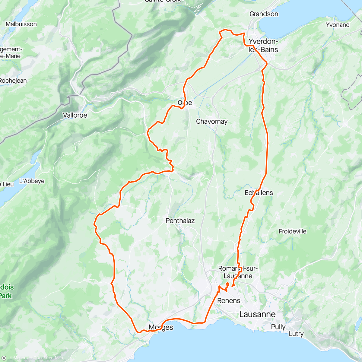 Map of the activity, Jouxtens-Mézery - Echallens - YlB - Orbe - L'Isle- - Morges retour