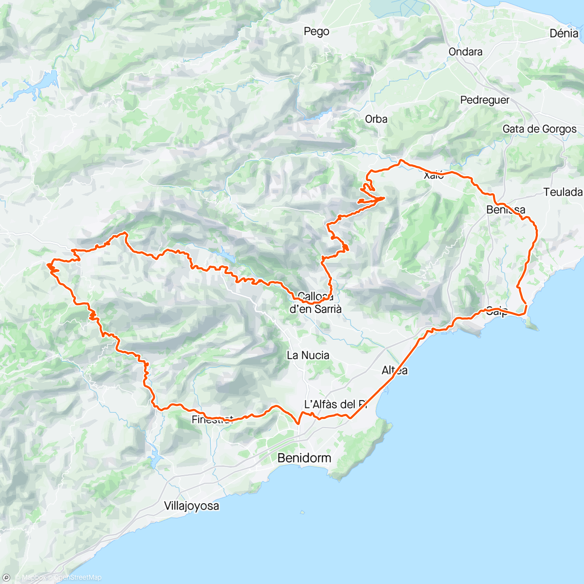 Map of the activity, Final Day in Calpe & perfect weather for a long ride in the hills. Smooth, quiet roads, mostly friendly gradients except for the Secret Summit ! A brilliant day out