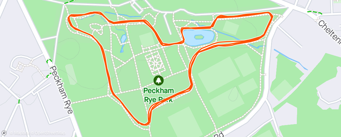 Map of the activity, Sun 4 marathon training week 18- final taper, final run before the big day! Peckham Rye Parkrun