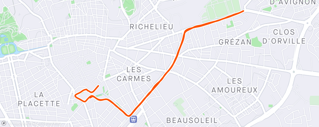 Mapa de la actividad (Course à pied le matin : 5km de Nîmes sans entraînement, et sans douleur 
150e / 309 partants : Trop contente ! 😊👍)