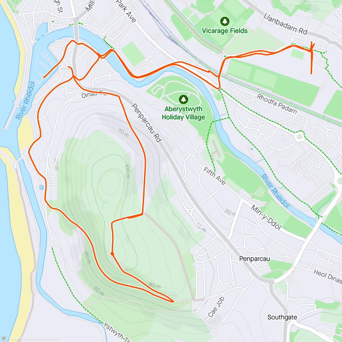 Mapa de la actividad (Club session including warm up (run up pen Dinas!)
Then short hill efforts by the horse field.
Pleased with the progression.)