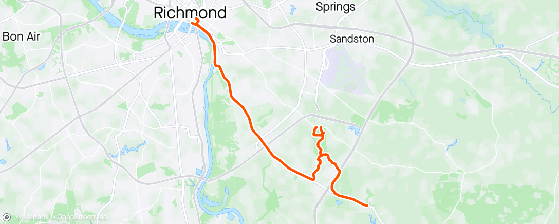 Map of the activity, Sunday post soccer refereeing ride on Virginia Capital Trail