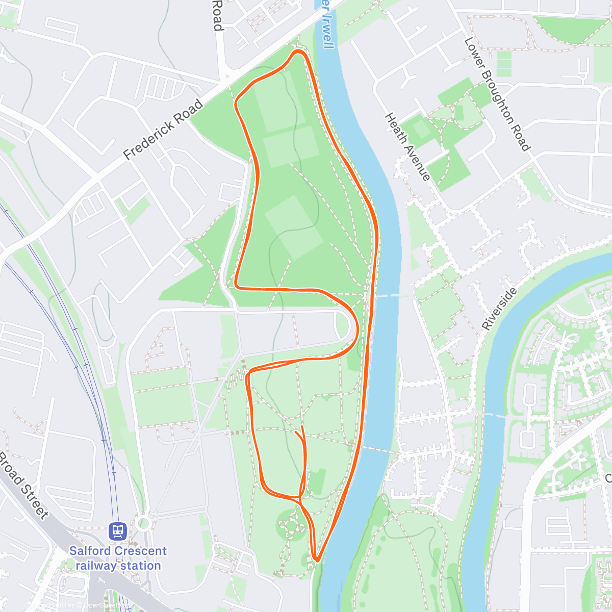 Map of the activity, Run Streak Day 9 - Long Tempo Run Sat Part 2 - Peel Parkrun (19.25, 18th / 264, 2nd M45)