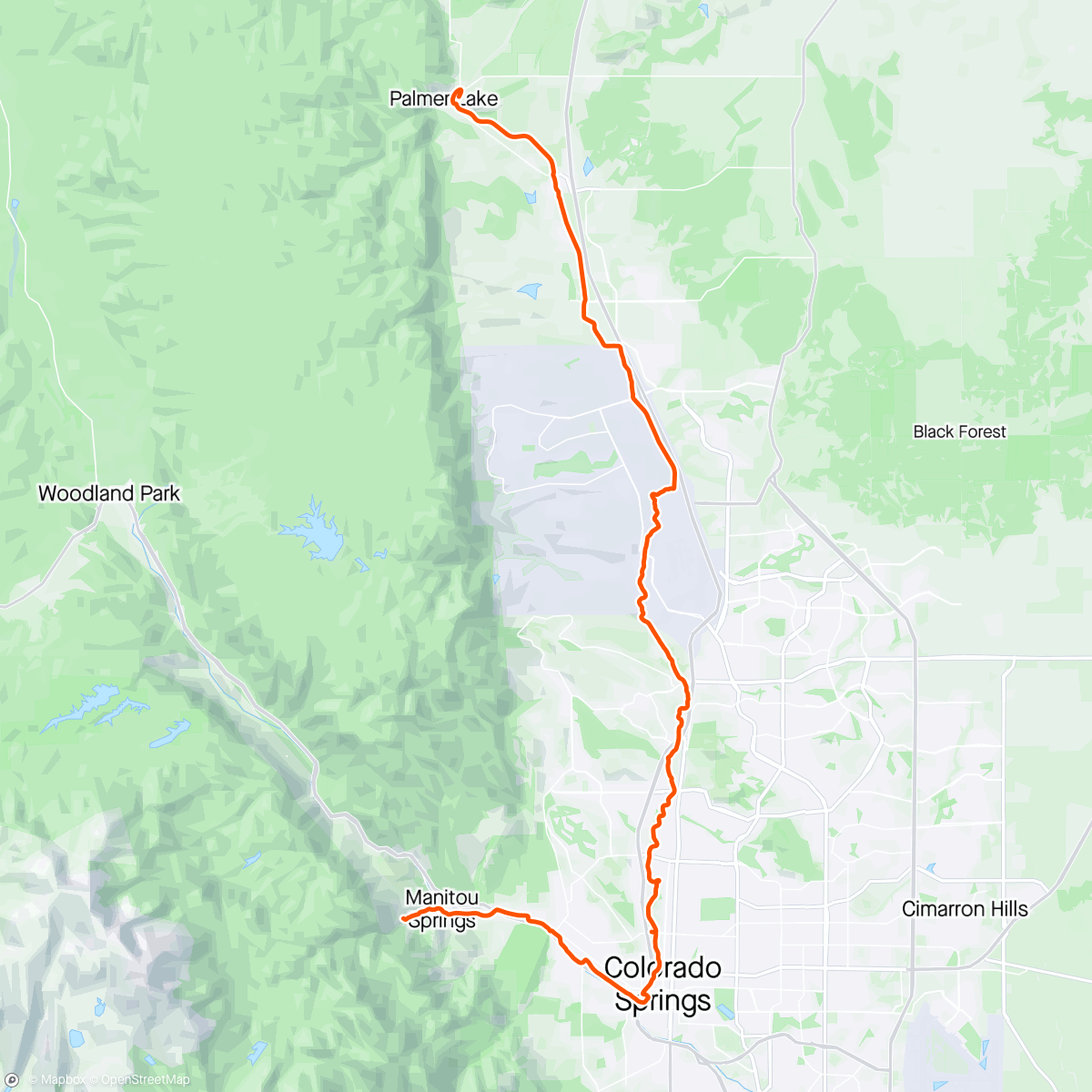 Map of the activity, Palmer Lake to Manitou Springs (Barr Trail)