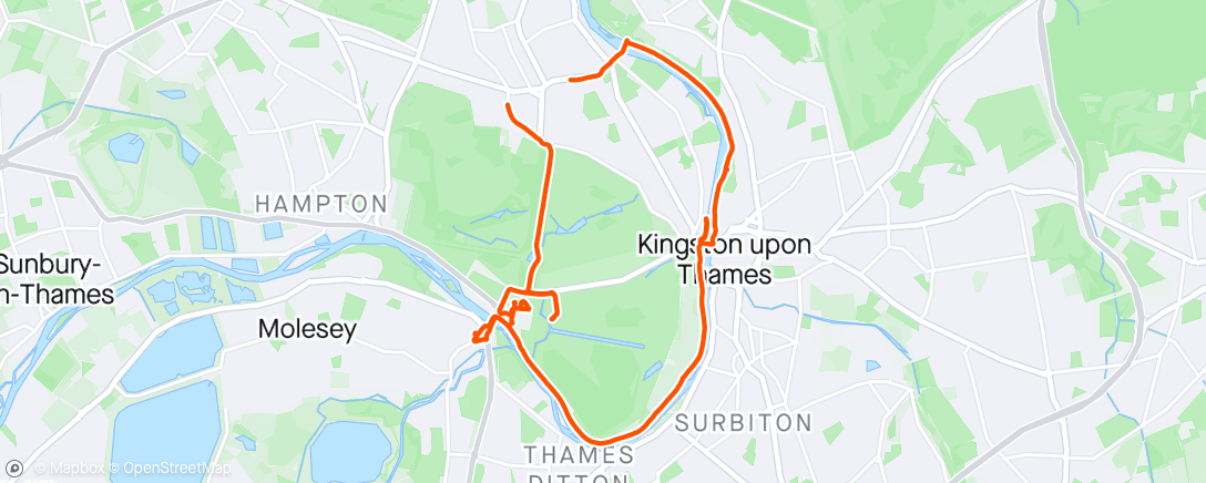 Mapa da atividade, Walk to Hampton court, wander around and back to hotel via Thames pathway. Stopped for lunch and  beer, or two 😂