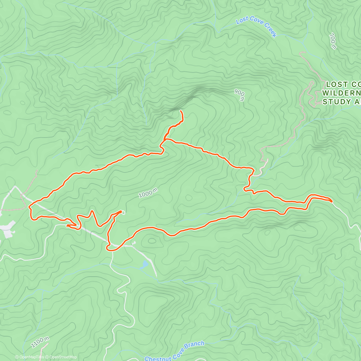 Map of the activity, Big Lost Cove Cliffs with a road walk.