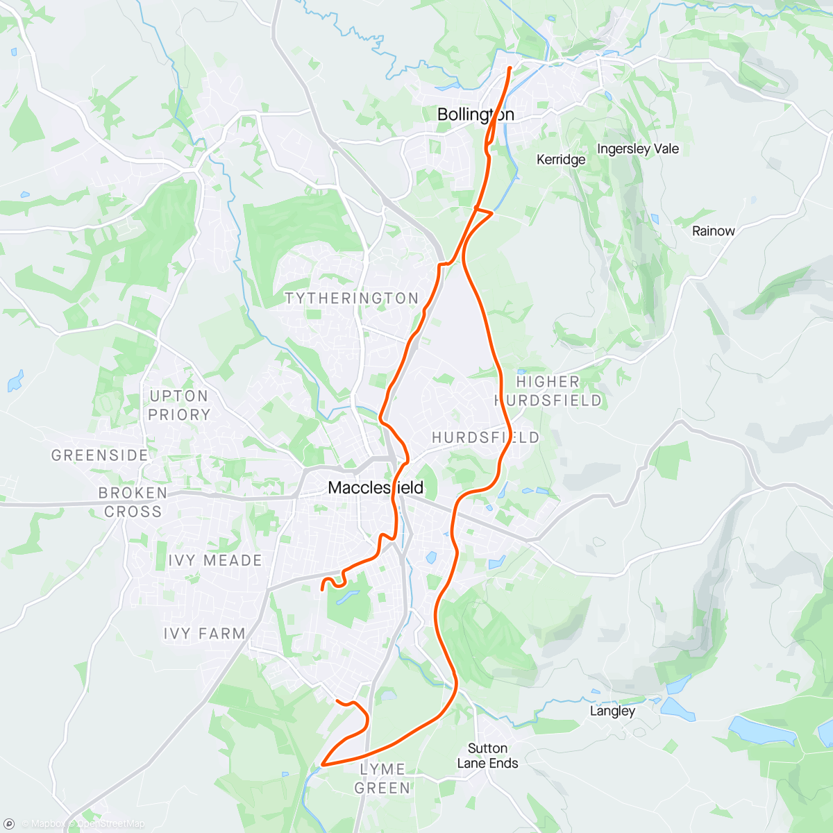 Map of the activity, Canal to Bollington then home on the middlewood with Edwin.