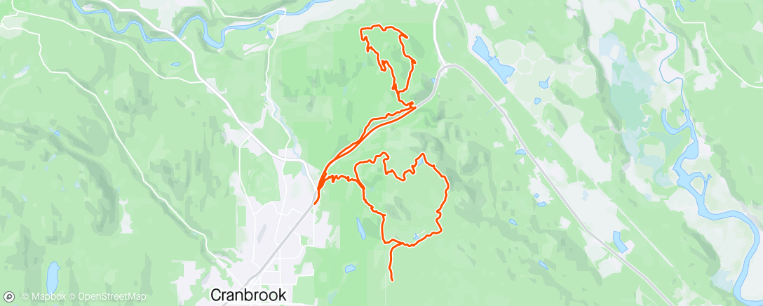 Mapa de la actividad, MTB Cranbrook day 2. Pilsit, Larry, Hobgoblin, Migor and The Bumps for a bit then finished a loop around Pod Racer, trails are perfect smooth and fast.