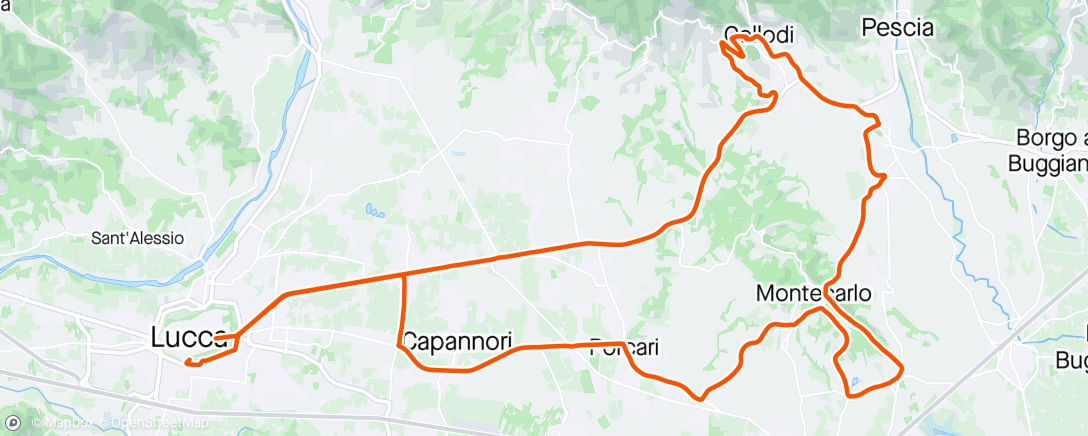 Map of the activity, 50km in bici (Montecarlo x 2 + S.Gennaro).  2gg senza corsa causa bandelletta 🚫