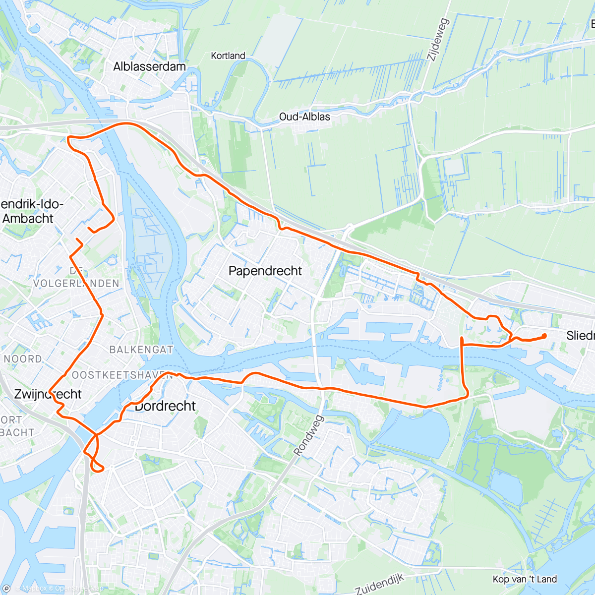 Mapa de la actividad, Sliedrecht - Dordrecht met als tussenstop rondje varen met broer Kees.