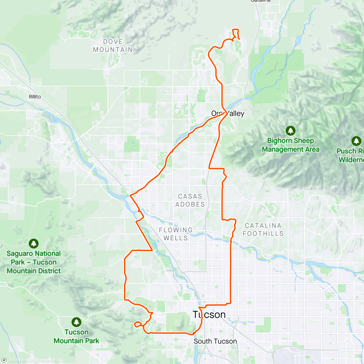 Map of the activity, Sunday group ride to Starr Pass