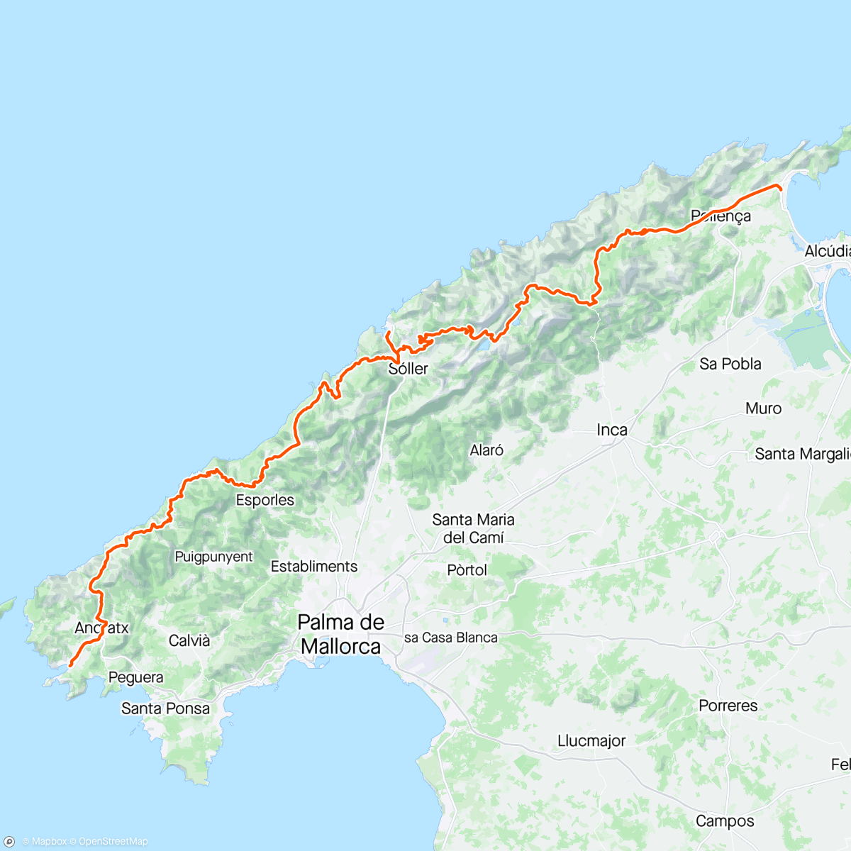 Map of the activity, 78 miles the length of the Tramuntanta mountain range. 7 peaks including Puig Major highest point in Mallorca. 8100ft of climbing with 161W normalised power for 6hrs 20mins not bad for heartbroken old man. 51 wks without Mar 💔❤️‍🩹🚴‍♂️🚀