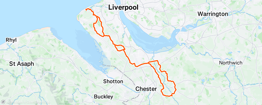 Mapa de la actividad (WCG - Hoylake, Thornton Hough, Little Stanney, Mickle Trafford, Walk Mill Tarvin, Thornton Le Moor, Dunkirk, Thornton Hough, Irby, Hoylake.)