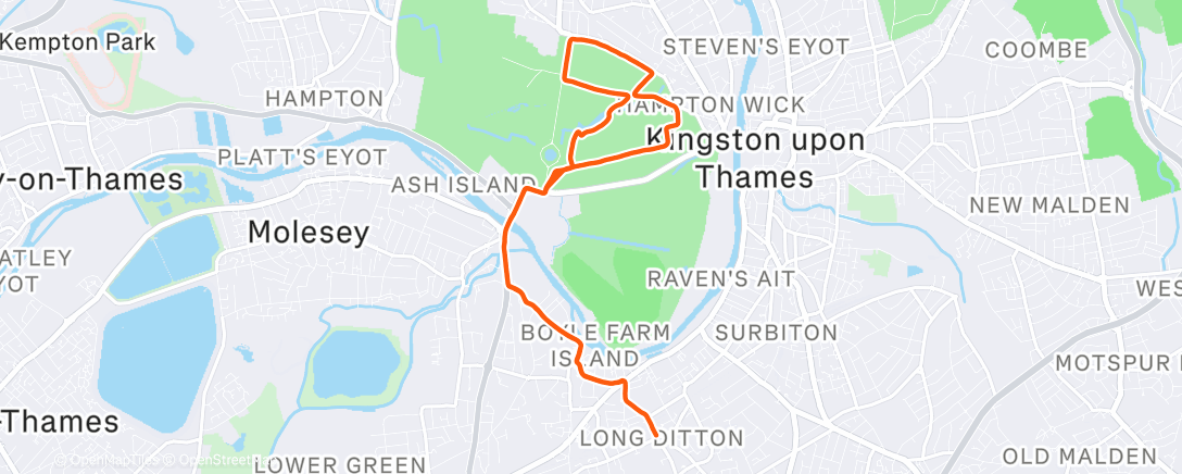 Map of the activity, To round and back Bushy parkrun