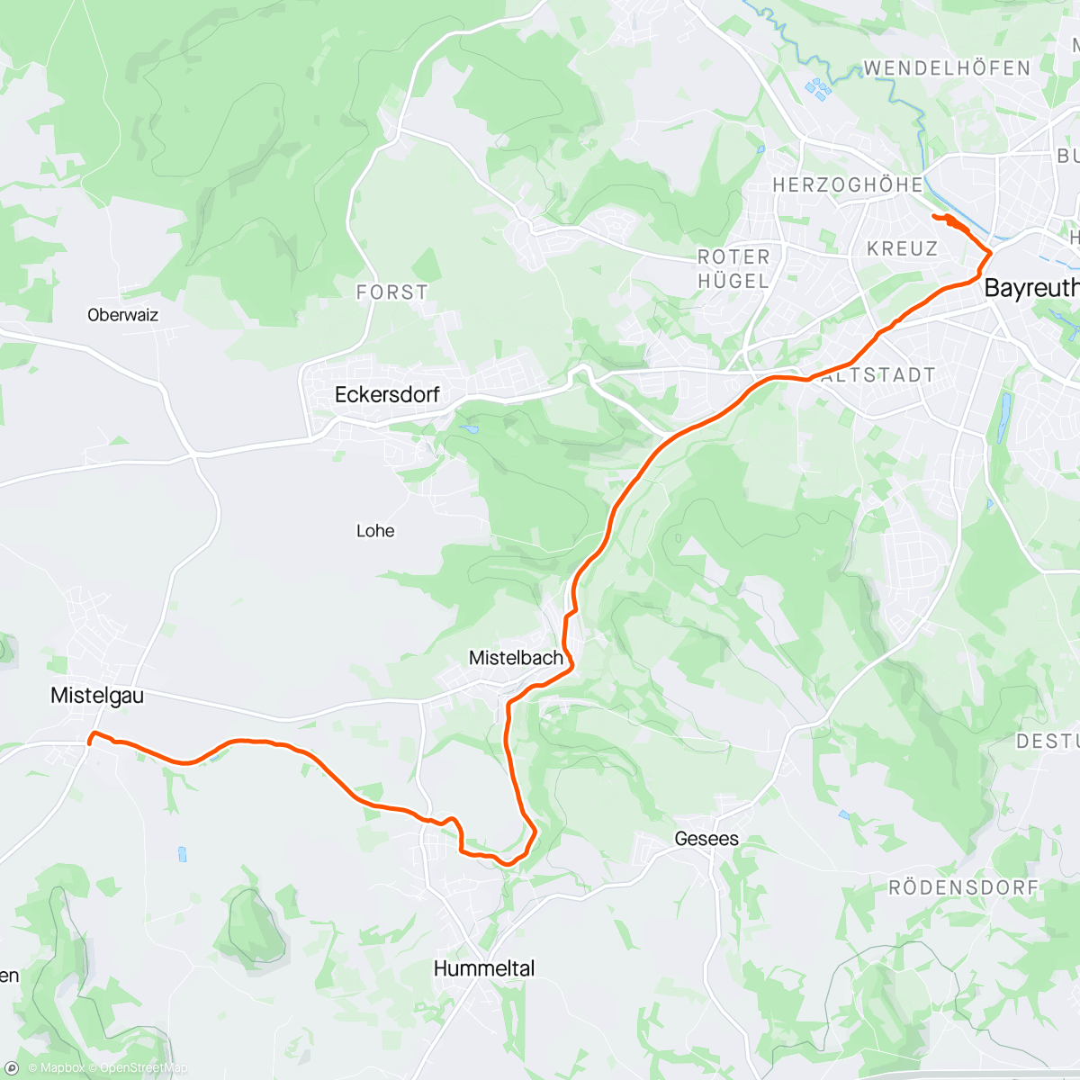 Map of the activity, Mistelgau to Bayreuth, Bavaria.