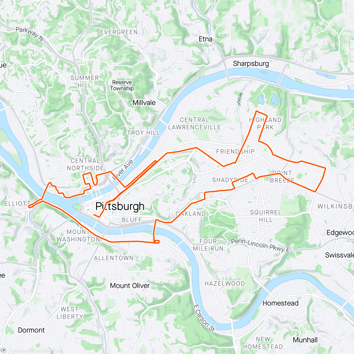 Map of the activity, Pittsburgh marathon