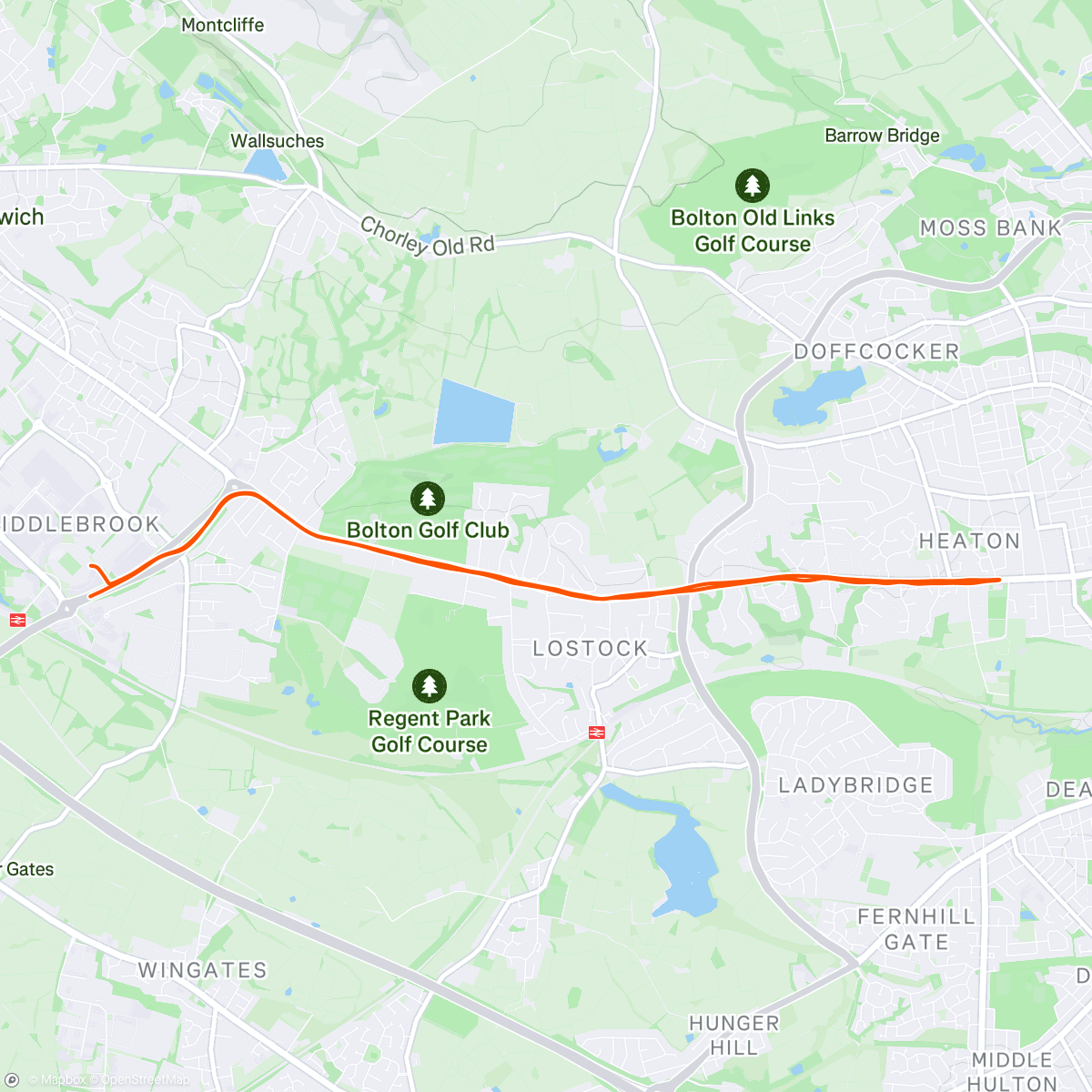 Map of the activity, Bolton 10k. 42.50 🍟…2/37 🐈 cat all time Pb on a course with some tough climbs buzzing never thought I get in 42s on this course 🏃‍♂️🙌💪💪👊👊 pro 4 adidas 🔥🔥 today