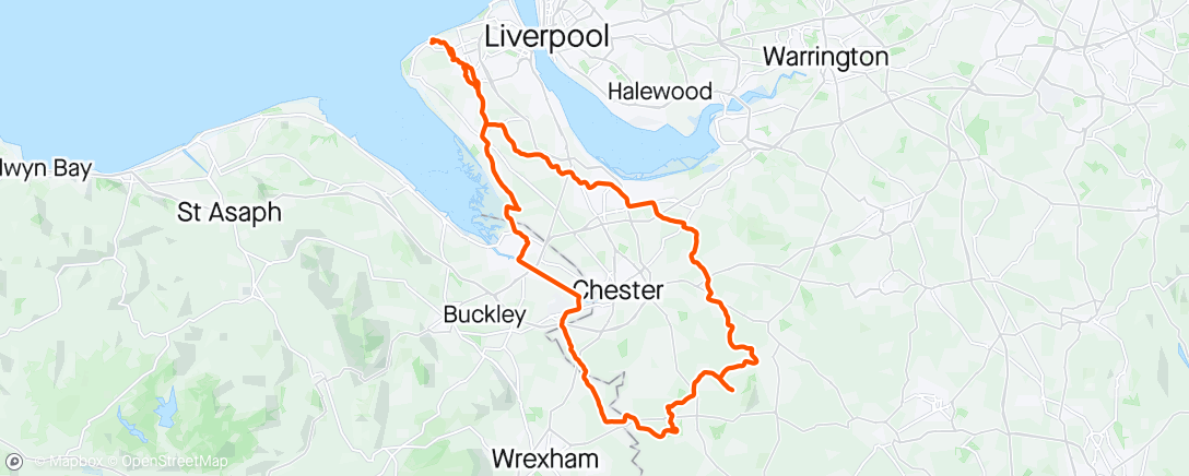 Mappa dell'attività Further Friday Ride - Hoylake, Burton Marshes, Wrexham, Tattenhall, Carden, Little Sutton, Hooton Thornton Hough, Arrowe Park, Hoylake.