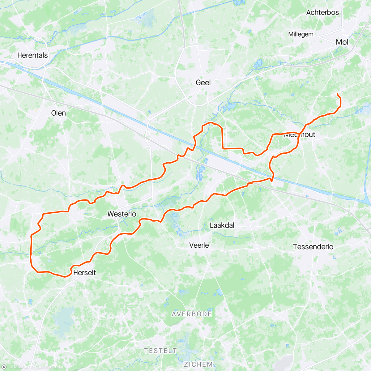 Map of the activity, MB24 B3 Westmeerbeek 62 km ( geen druppel regen gehad )