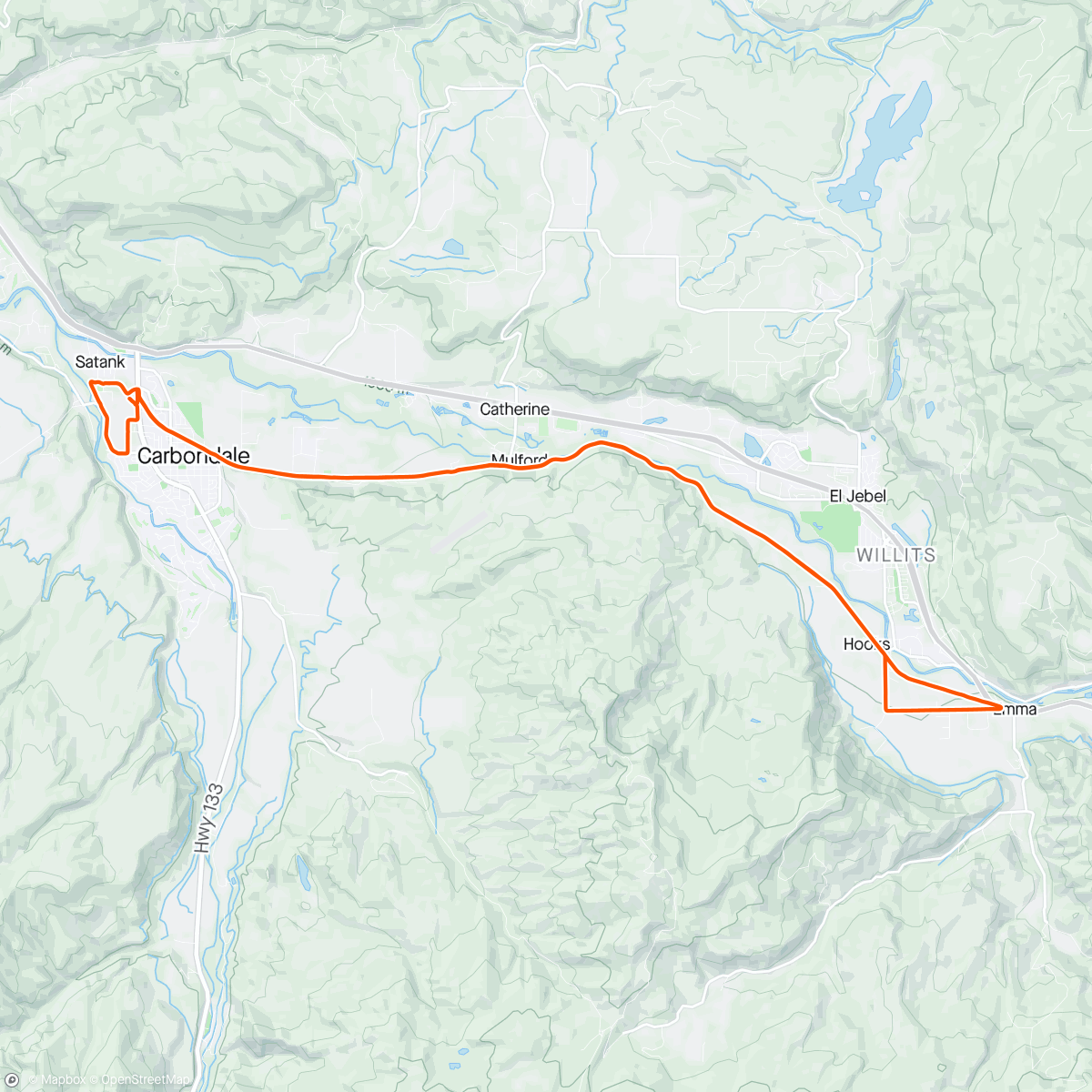Map of the activity, Carbondale to Emma and back with Emmy