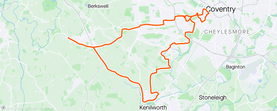 Map of the activity, Very nice Morning Ride via Balsall Common (Part road closed) then Kenilworth coffee stop at time for tea back via the Greenway and Warwick Uni nice and sunny 😊🚴‍♂️🚴‍♀️