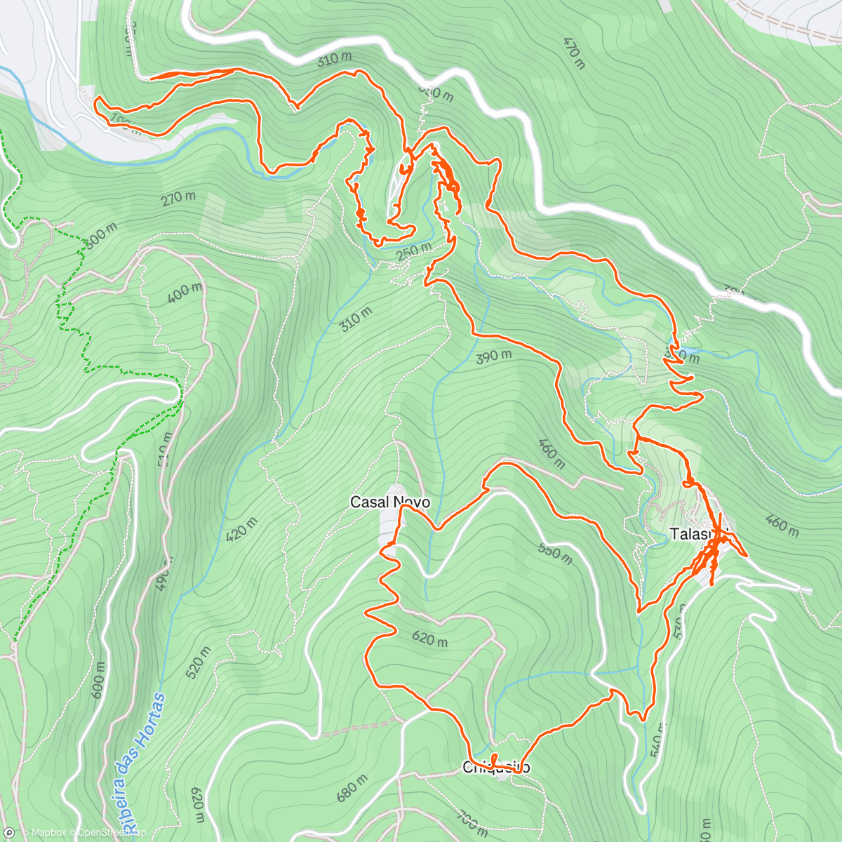 Map of the activity, Randonnée en boucle sur les chemins de schiste qui relie les villages de Talasnal, Casal Novo et Chiqueiro, au départ du château de Lousa et en passant par les piscines naturelles de Nossa Senhora da Piedade et pour finir 190 marches.