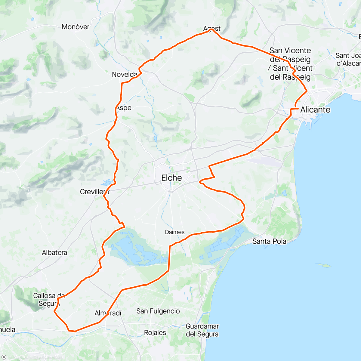 Map of the activity, Alicante- Agost- Aspe- Crevillente- Catral- Callosa- Almoradi- Dolores- Elche- Alicante.