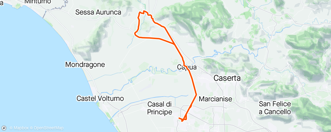 Map of the activity, Giro Sette Querce. Capua, Teano, Sette Querce, Farncolise, Appia, Capua.