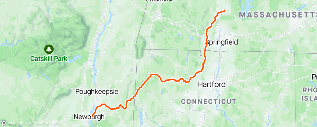 Map of the activity, Amherst, MA to Beacon, NY. Fun times on beautiful roads and trails. 😁👌
